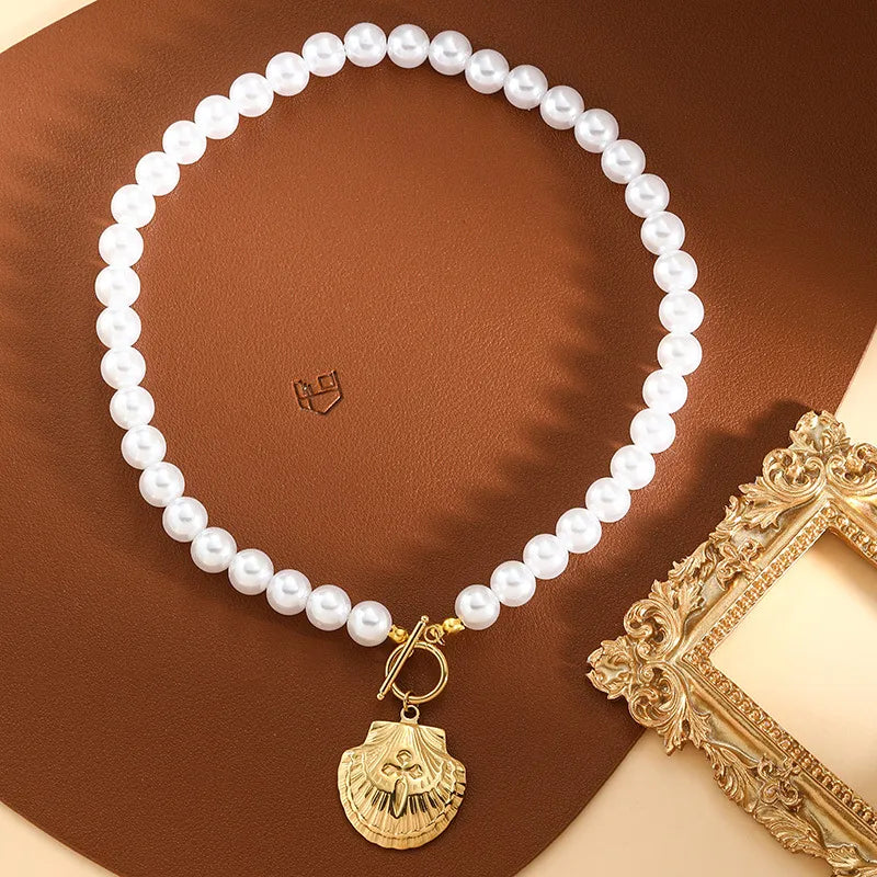Baroque Style Marine Style Modern Style Starfish Conch Heart Shape Imitation Pearl Titanium Steel Beaded Chain OT Clasp Toggle Clasp Closure Beaded Necklaces Wholesale