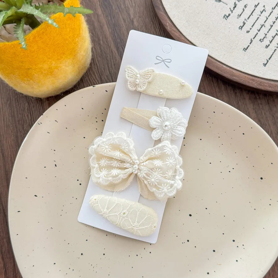 New Arrival French Lace Butterfly Knot Hair Clip Set Cute Flower Design 4 Pack Baby Headwear Princess Style Girls Hair Accessories