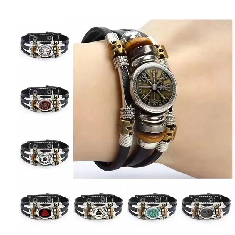 New Alloy Beads Woven Bracelet Nordic Viking Pirate Aoding Logo Compass Leather Bracelet for Men and Women