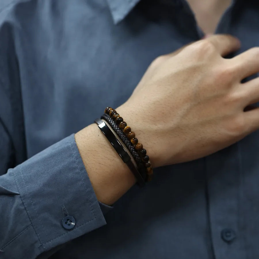Hip-Hop Vintage Style Round Stainless Steel Pu Leather Tiger Eye Beaded Artificial Leather Men'S Bracelets