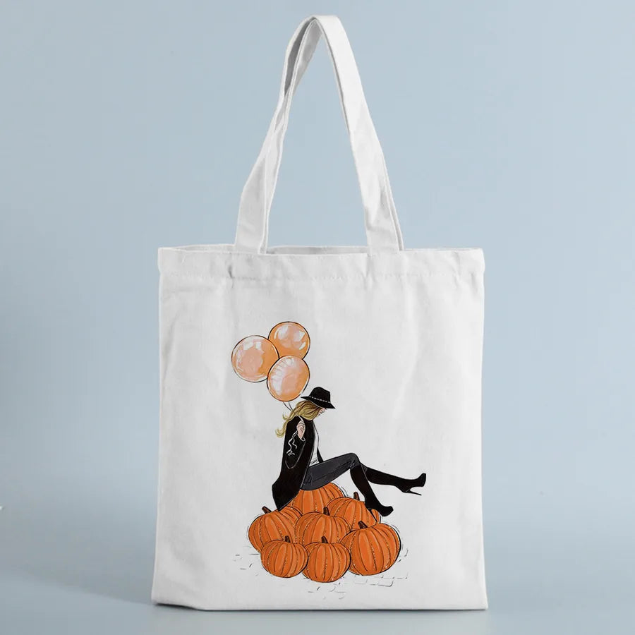 Halloween Women's Canvas Pumpkin Letter Cute Square Open Canvas Bag