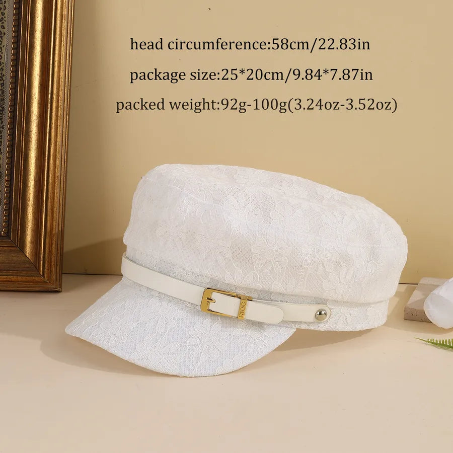Black White Decorative Thin Mesh Breathable Flower Large Version Face Slimming Fashionable All-Match Flat-Crown Newsboy Cap Practical For Daily Shopping