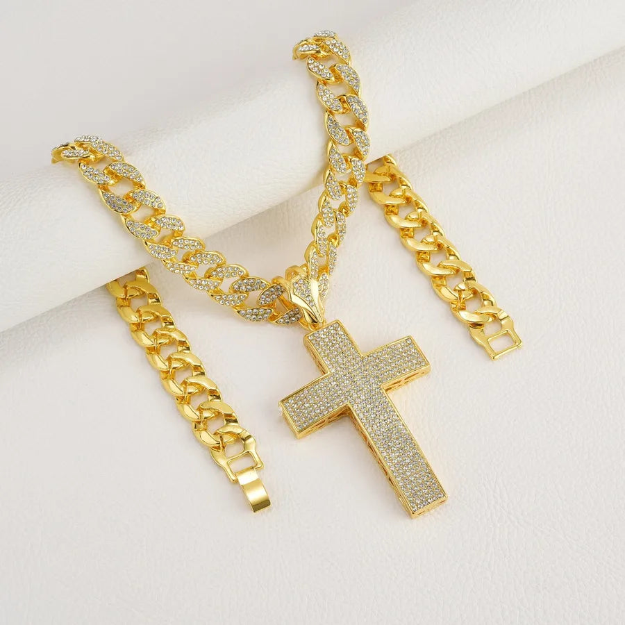 Hip-Hop Punk Cross Rhinestones Zinc alloy Cuban Link Chain Curb Chain Pendant Necklaces Wholesale