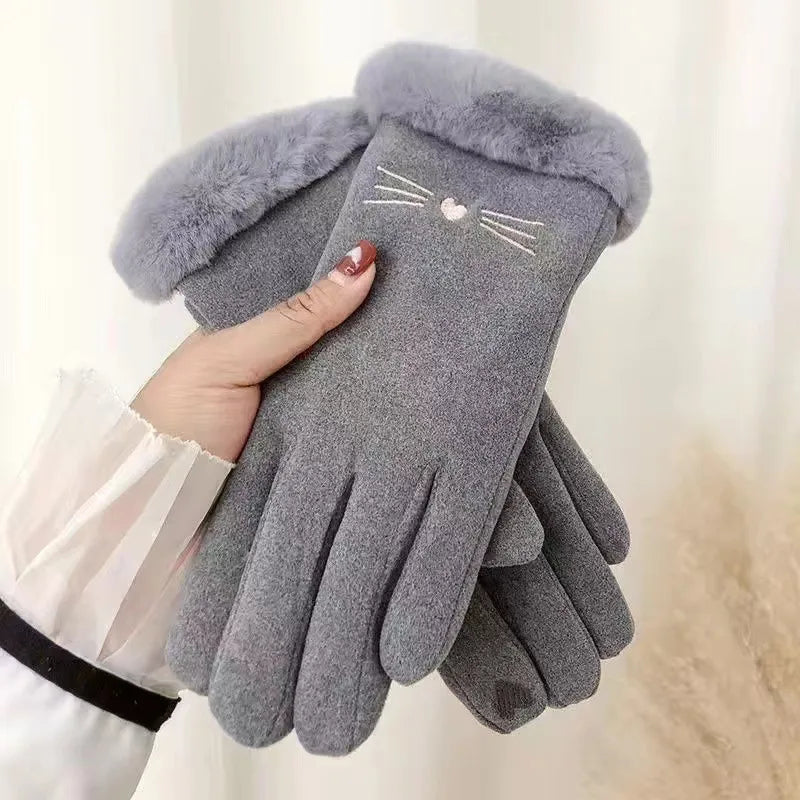 Gloves Women's Winter Velvet Thickened Warm  Cute Touch Screen De Velvet Fall/Winter Electric Car Cold-proof Riding Gloves