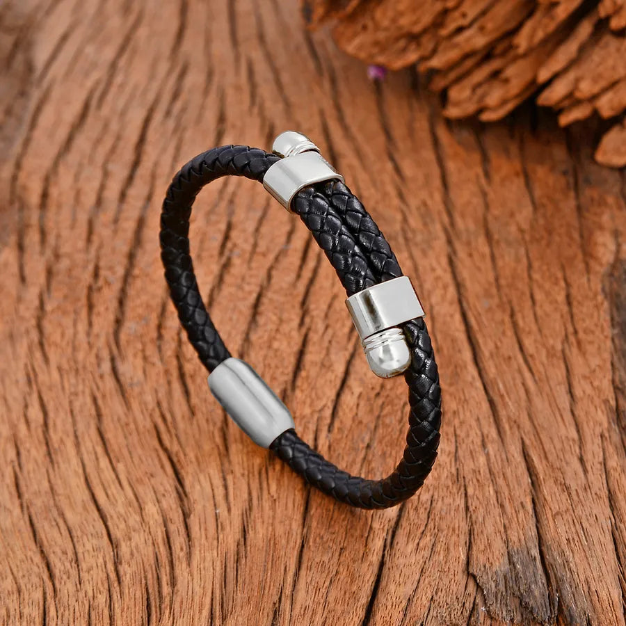 Retro Punk Solid Color 304 Stainless Steel Pu Leather Men's Bangle Men Cord & Leather Bracelets