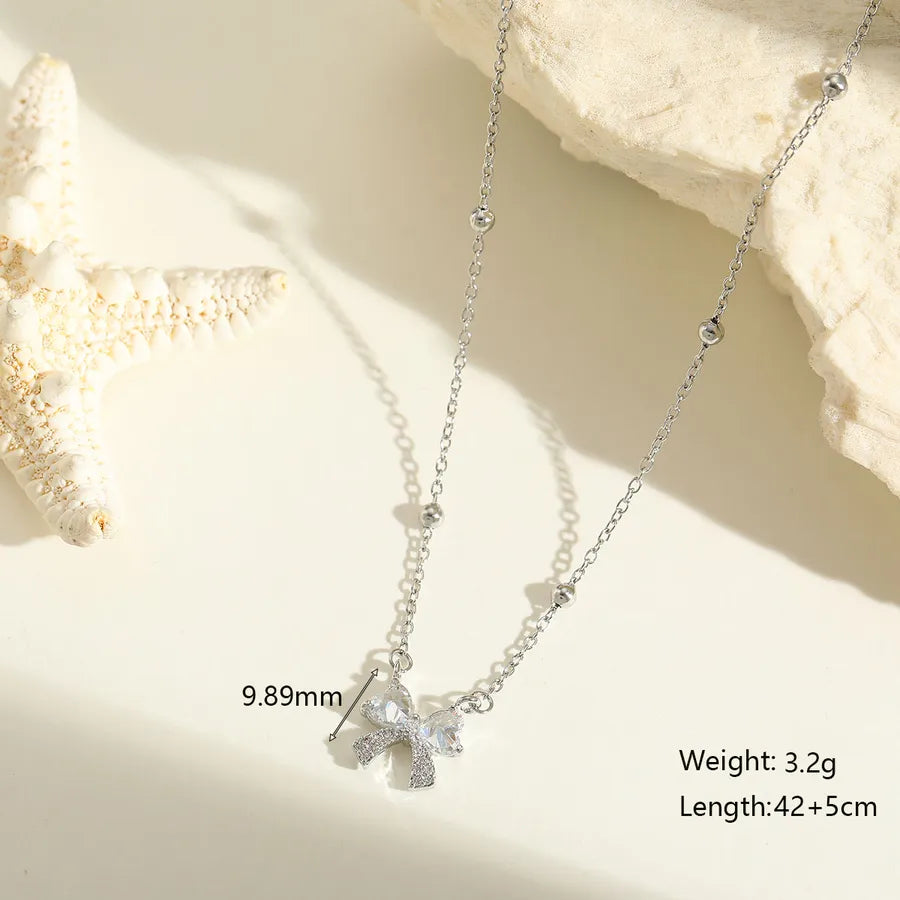 Wholesale Jewelry Cute Lady Romantic Solid Color Bow Knot 304 Stainless Steel Zircon 18K Gold Plated Plating Inlay cable chain Pendant Necklace
