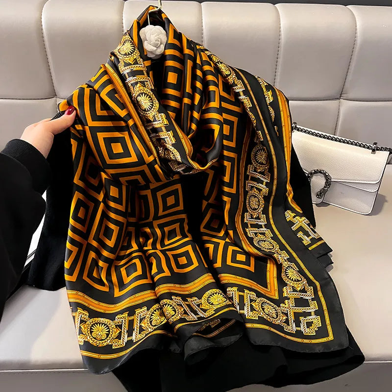 women's elegant geometric satin silk scarf