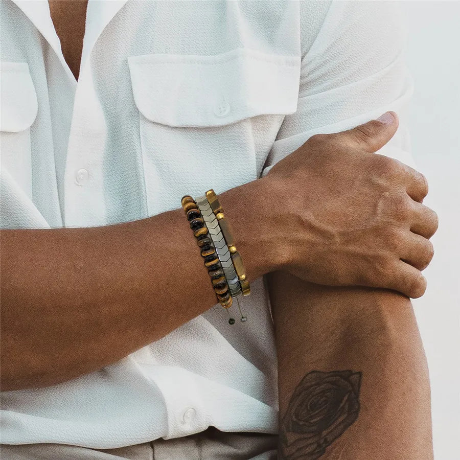 Retro Round Agate Beaded Men's Bracelets
