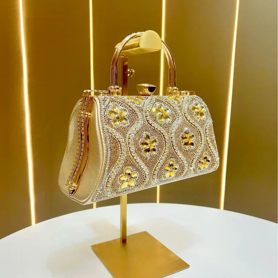 Princess Style Large Capacity Women's Handbag Evening Bag Square Shape Polyester Material Chain Lock Diamond Fashion Elements