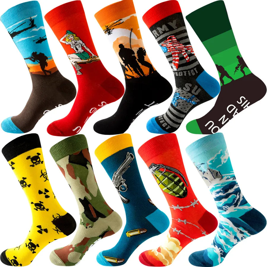 Men's Modern Style Classic Style Color Block Stripe Fruit Cotton Crew Socks A Set of 10 Pairs