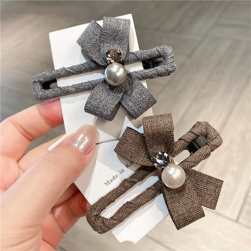 Pearl Butterfly Knot Fabric Duckbill Clip Women's Hair Accessories Sweet Side Hairpins Casual Style Mixed Material Hairgrips