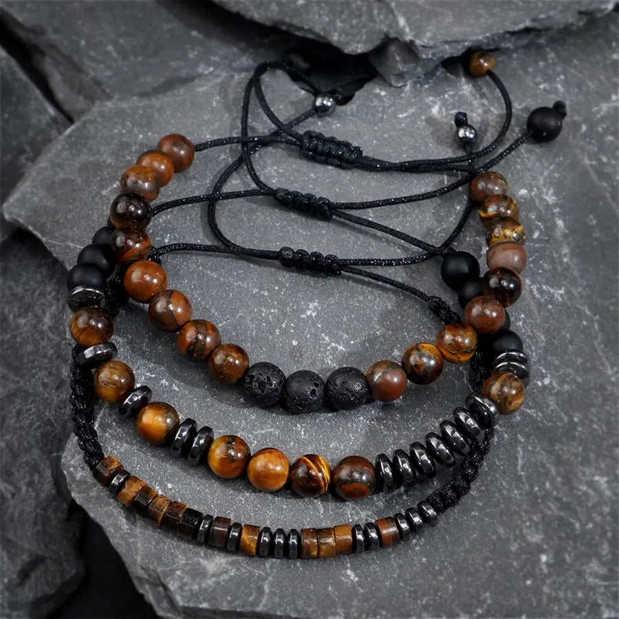 Retro Geometric Round natural stone rope Tiger Eye Beaded Unisex Drawstring Bracelets