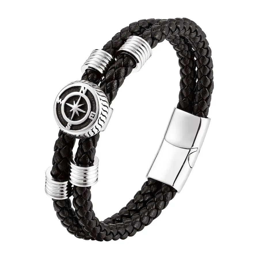 Vintage Style Classic Style Geometric Pu Leather Titanium Steel Woven Chain Wrap Bracelets Wholesale