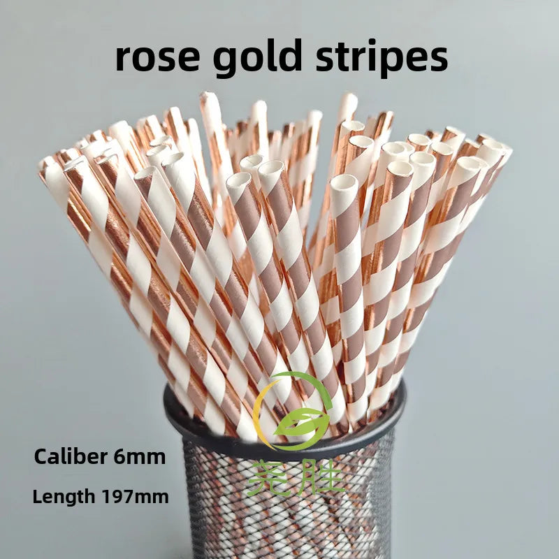 Rose Gold Paper Straw Creative Disposable Paper Party Pastry Beverage Decorative Straw