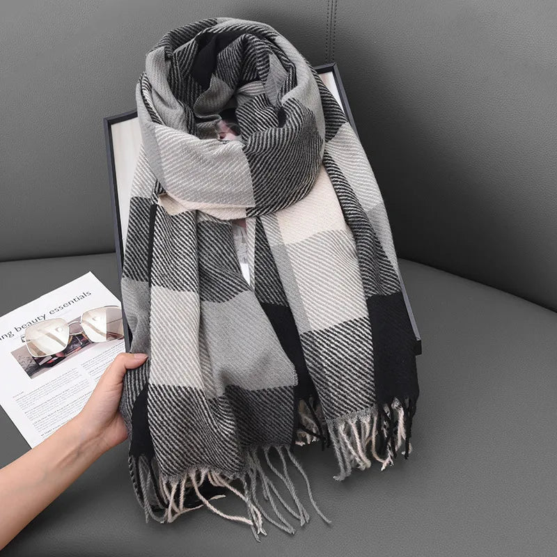 Women's Classic Style Plaid Imitation cashmere Tassel Scarf