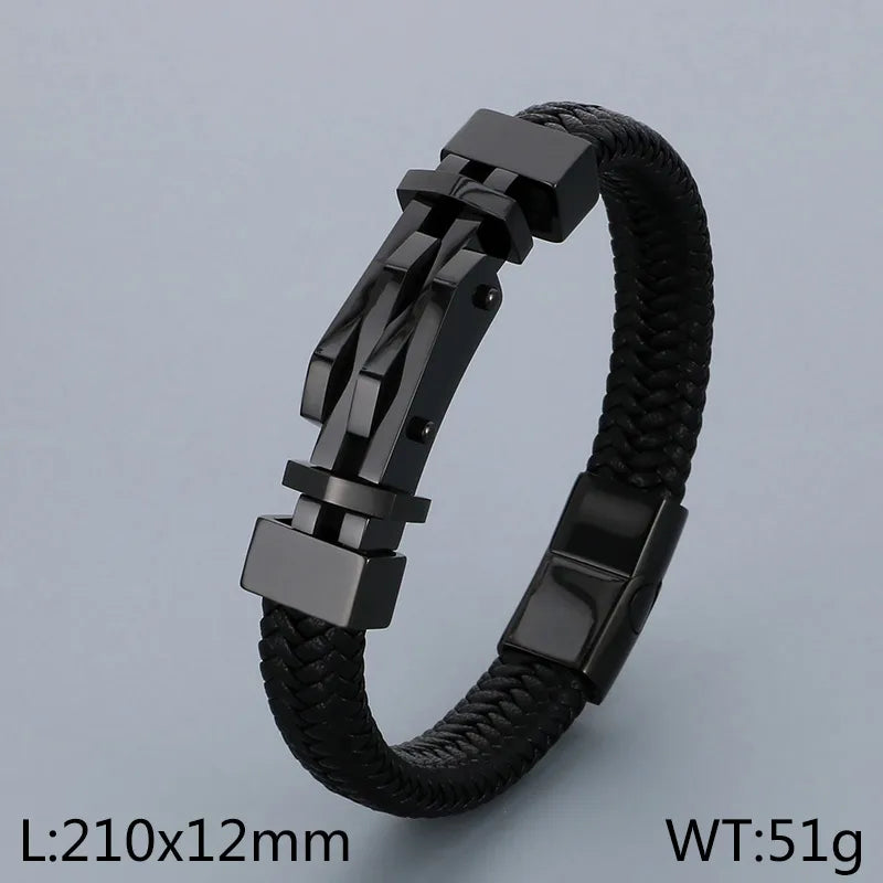 Business Color Block 304 Stainless Steel Leather Knitting 18K Gold Plated Men's Bangle