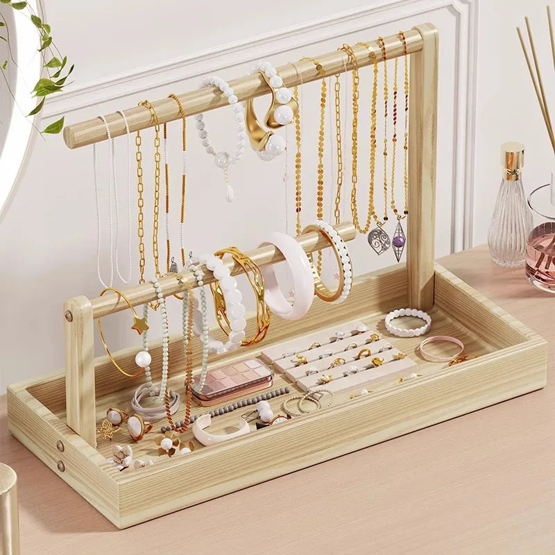 Solid Wood Jewelry Display Stand Bracelet Necklace Watch Holder Storage Box Buddha Beads Desktop Organizer Simple Style
