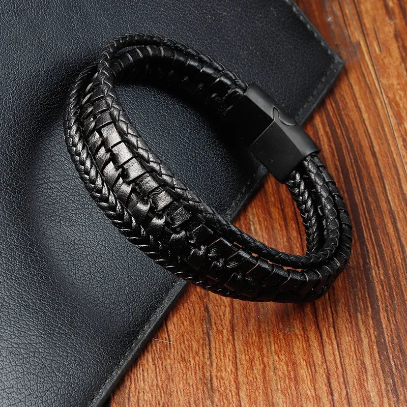 Black Leather Rope Cowhide Men's Double-Layer Stainless Steel Authentic Leather Weave Bracelet Handmade Multi-Layer Leather Bracelet 86