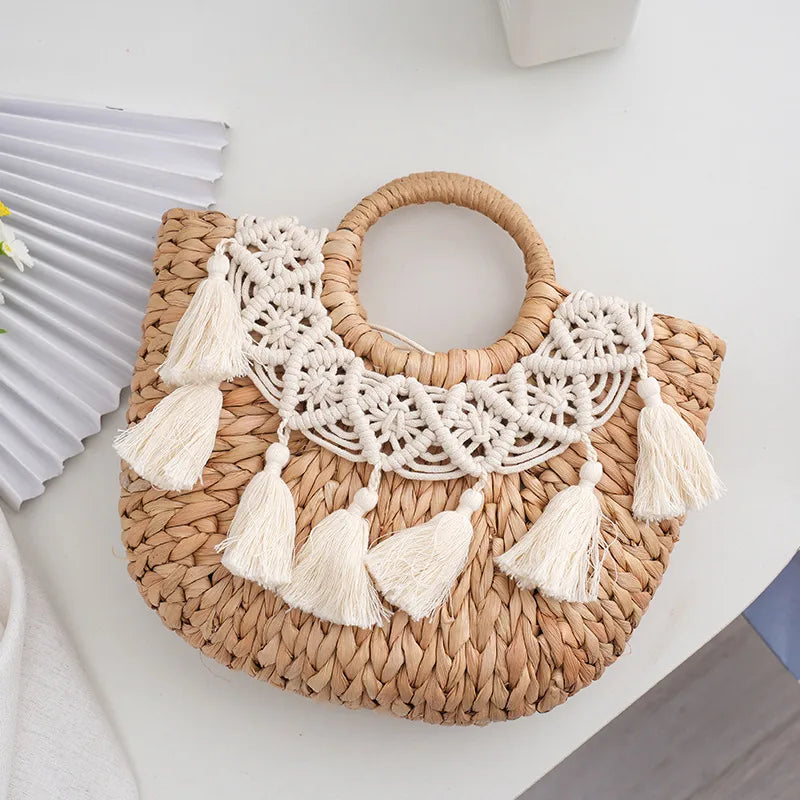 Women's Medium Aquatic Plants Solid Color Elegant Streetwear Straw Square Open Handbag