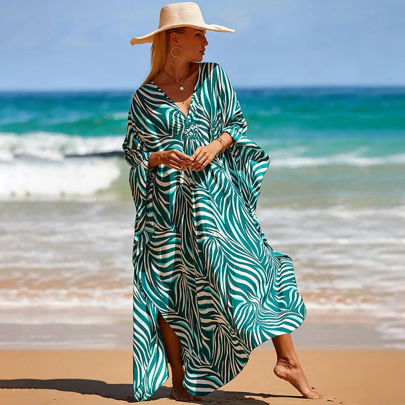 women's beach color block printing cover ups