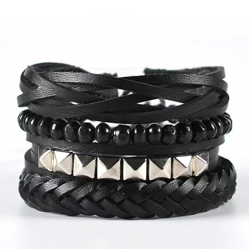 Exclusive for  Four-Piece Card Woven Bracelet Leather Bracelet Multi-Layer Suit Punk Pagoda Liu Ding Ornament Men's