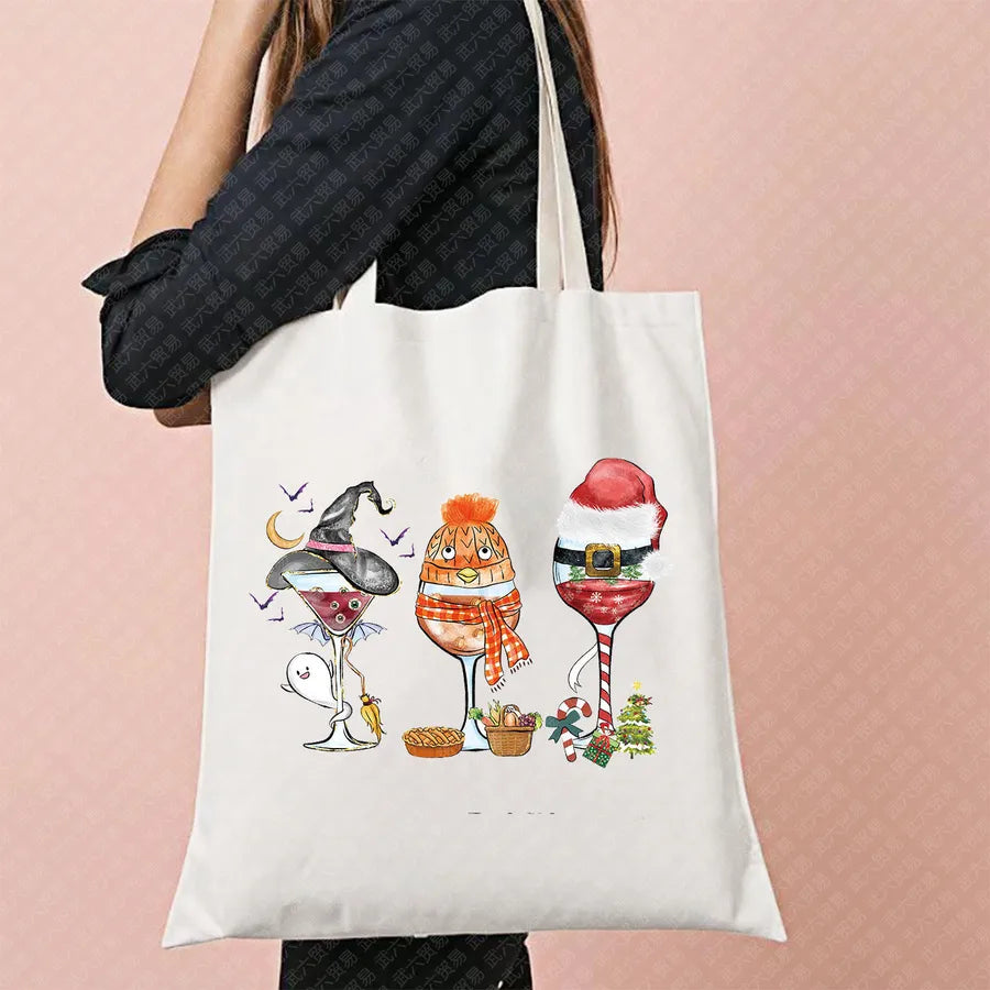 Ghost Pattern Halloween Outdoor Shopping Bag Cute Ghost Design Canvas Tote Bag For Ladies Retro Fashion Printed Large Size
