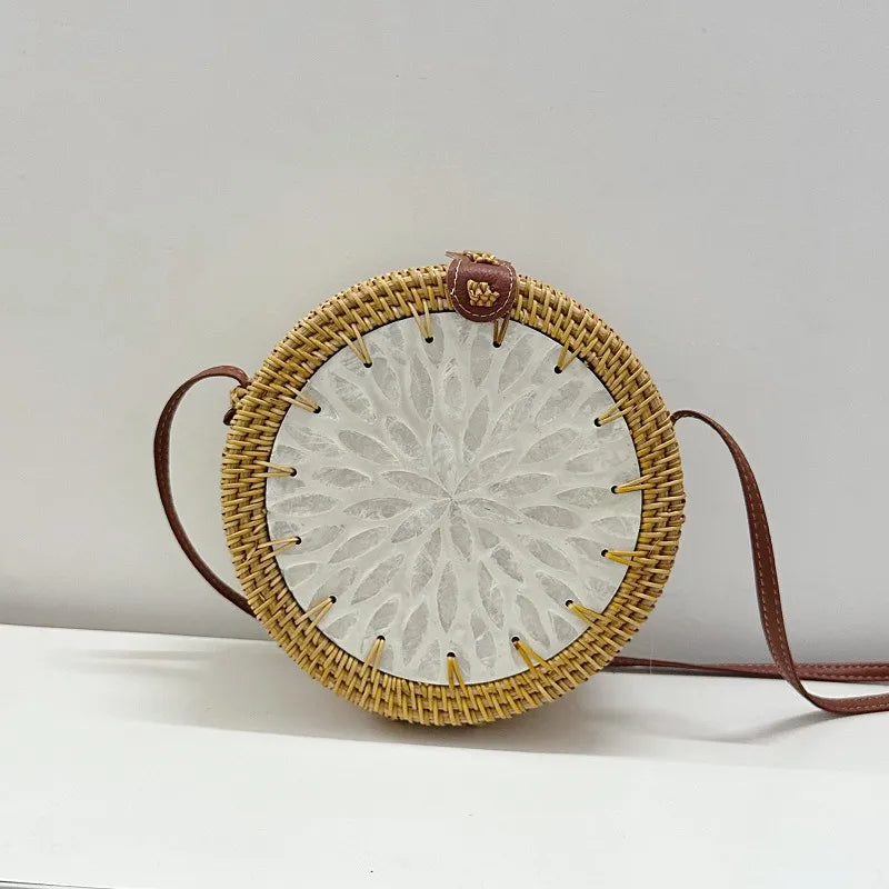 Women's Medium Rattan Floral Elegant Magnetic Buckle Dome Bag