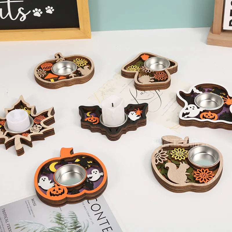 Halloween Wooden Candlestick Base Creative Decoration Thanksgiving Atmosphere Wooden Candlestick Holiday Dining-Table Decoration