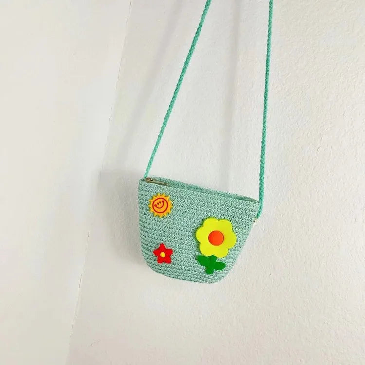 Kid'S Straw Flower Cute Square Zipper Shoulder Bag