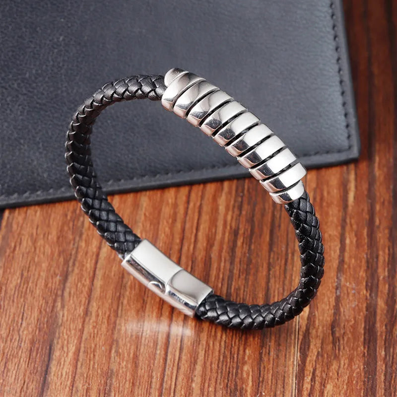 Street Retro Woven Leather String Trendy Stainless Steel Simple Leather Men's Bracelet L20305