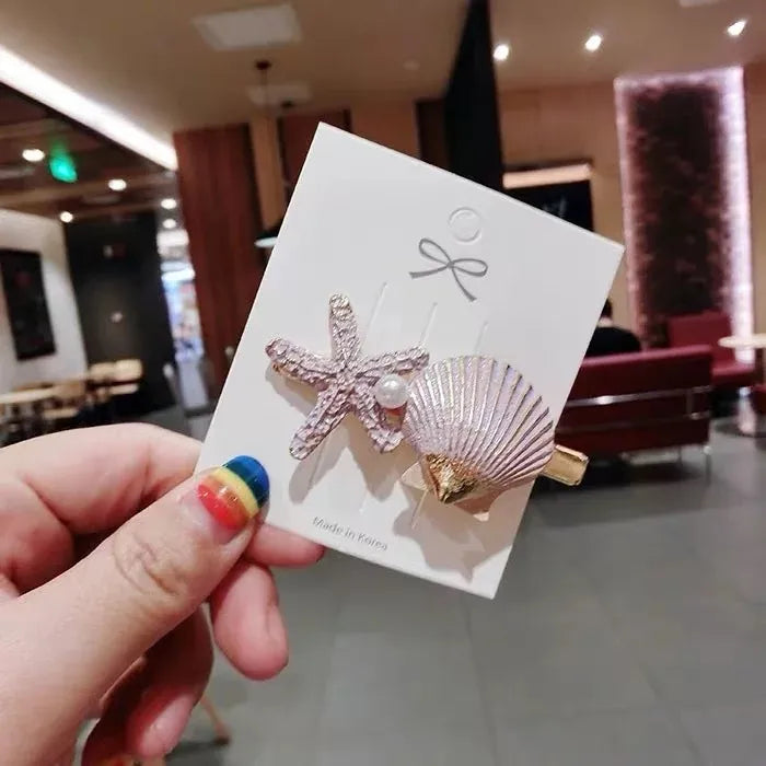 Women's Casual Marine Style Starfish Shell Metal Pearl Hair Clip