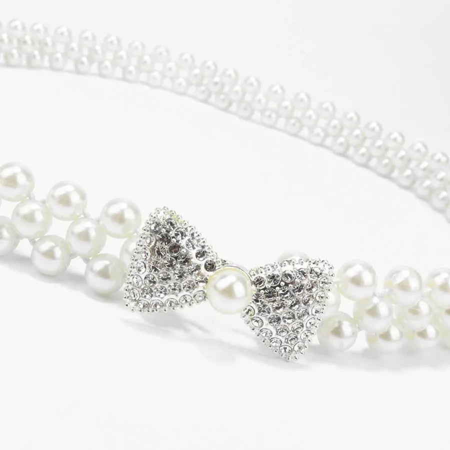 sweet oval flower bow knot imitation pearl metal inlay rhinestones women's chain belts