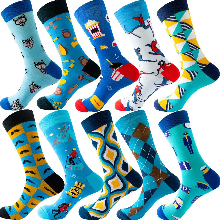 Men's Modern Style Classic Style Color Block Stripe Fruit Cotton Crew Socks A Set of 10 Pairs