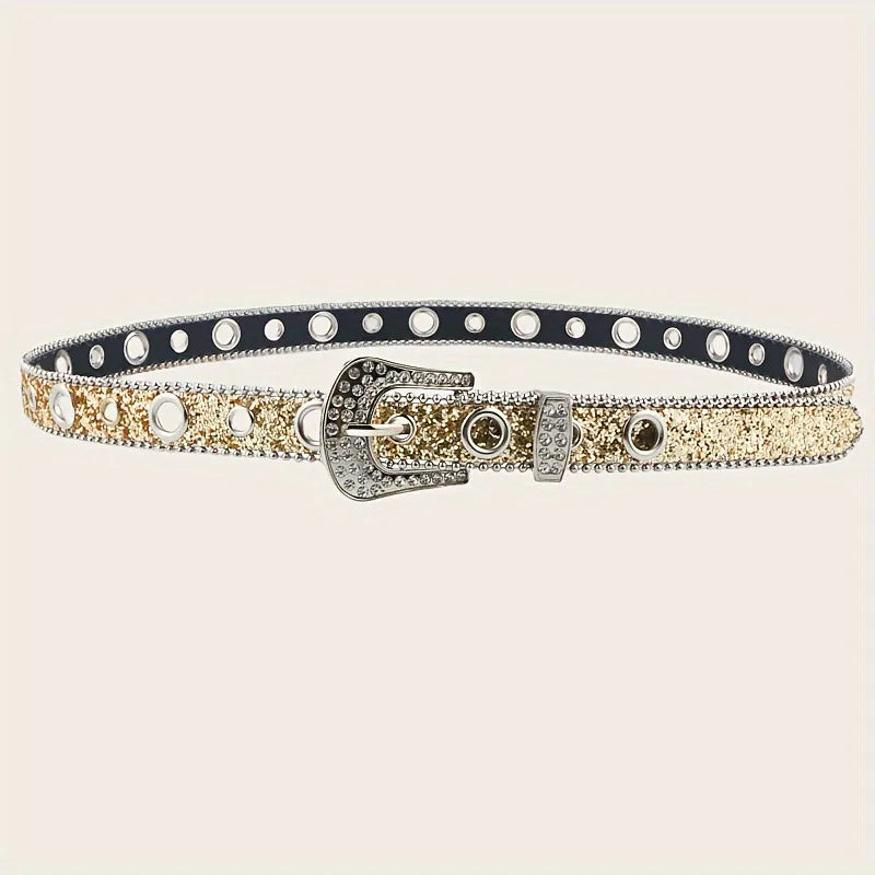 retro sweet solid color pu leather alloy diamond women's leather belts
