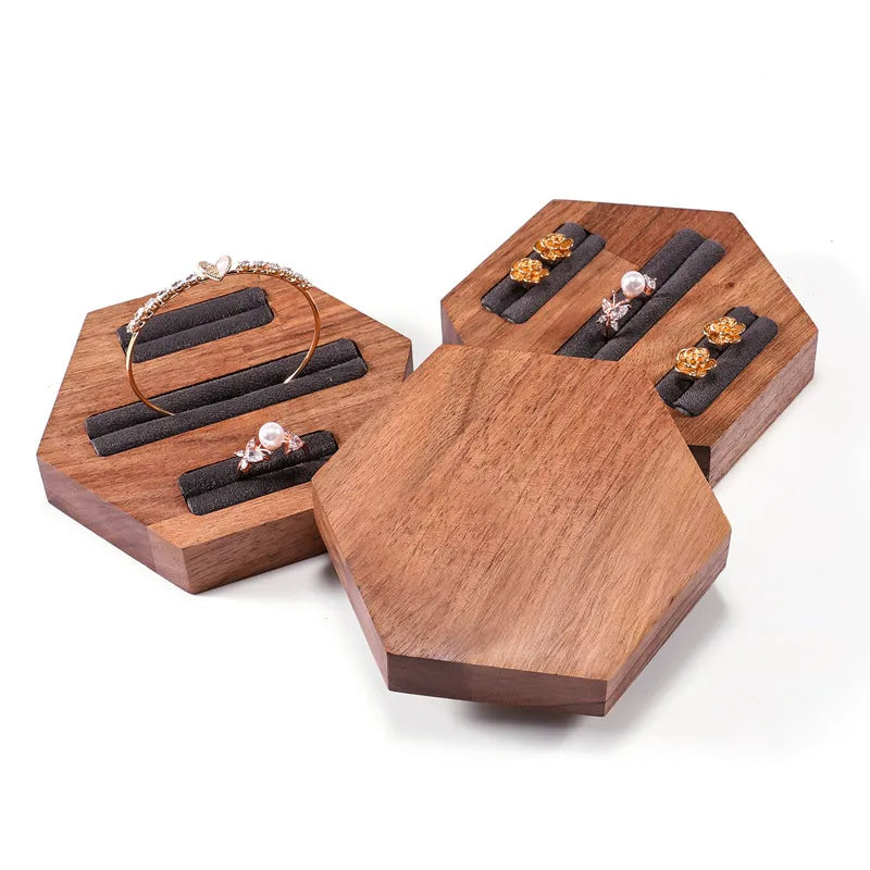 Walnut Wood Ring Display Stand Earring Display Tray Versatile Jewelry Tray Jewelry Stand Hexagonal Base Tray