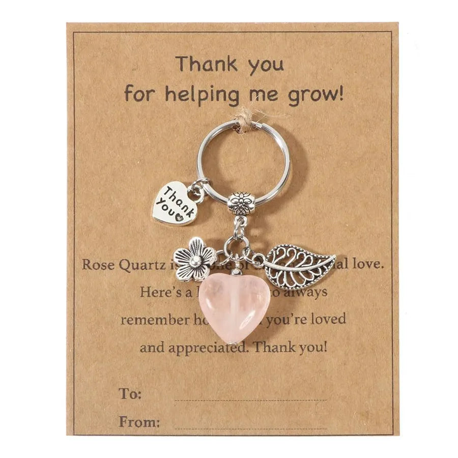 Crystal Heart Keychain Thank You Teacher Flower Leaf Purple Crystal Pink Quartz Keyring Crystal Heart Shaped Keychain Pendant