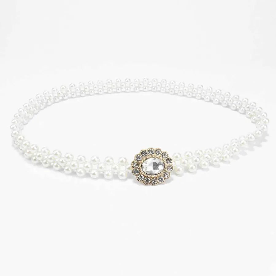 sweet oval flower bow knot imitation pearl metal inlay rhinestones women's chain belts