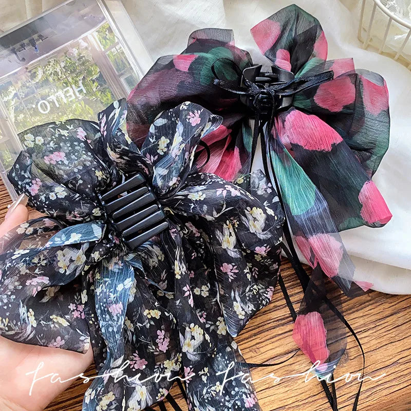 Princess Style Floral Butterfly Knot Hair Clip Women's High Sensation Tail Shark Clamp Half Up Half Down Hair Clip