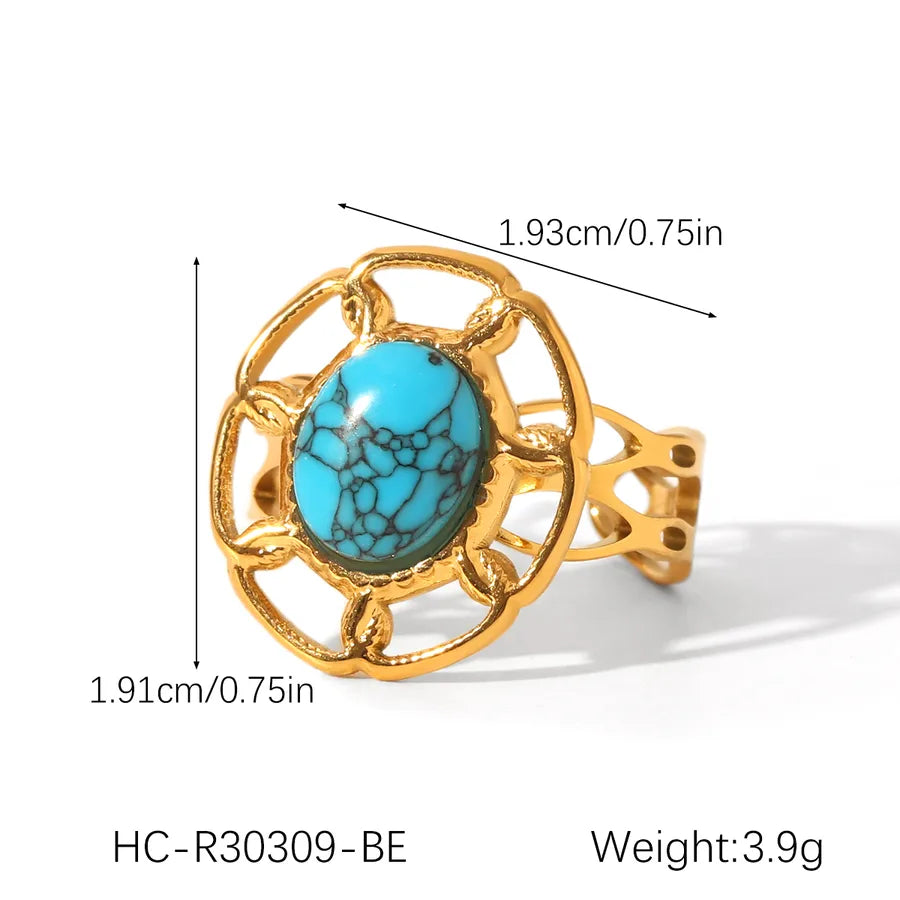 Wholesale Jewelry Casual Retro Irregular Oval Eye 304 Stainless Steel Natural Stone Turquoise 18K Gold Plated Polishing Plating Inlay Open Rings Rings
