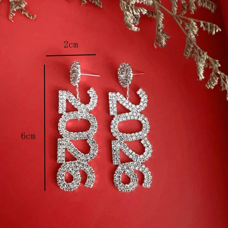 New Year 2026 Number Rhinestone Earrings Women's Christmas Gift Personalized Diamond Drop Earrings Fashion Jewelry Accessories