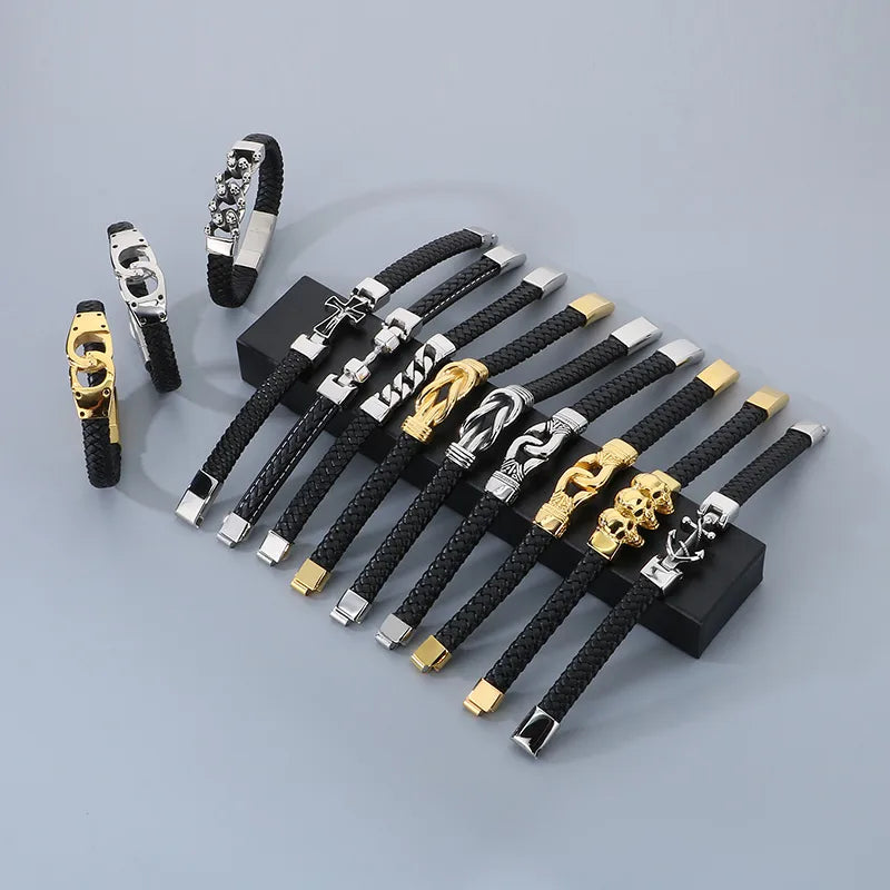 Business Color Block 304 Stainless Steel Leather Plating 18K Gold Plated Men's Bangle