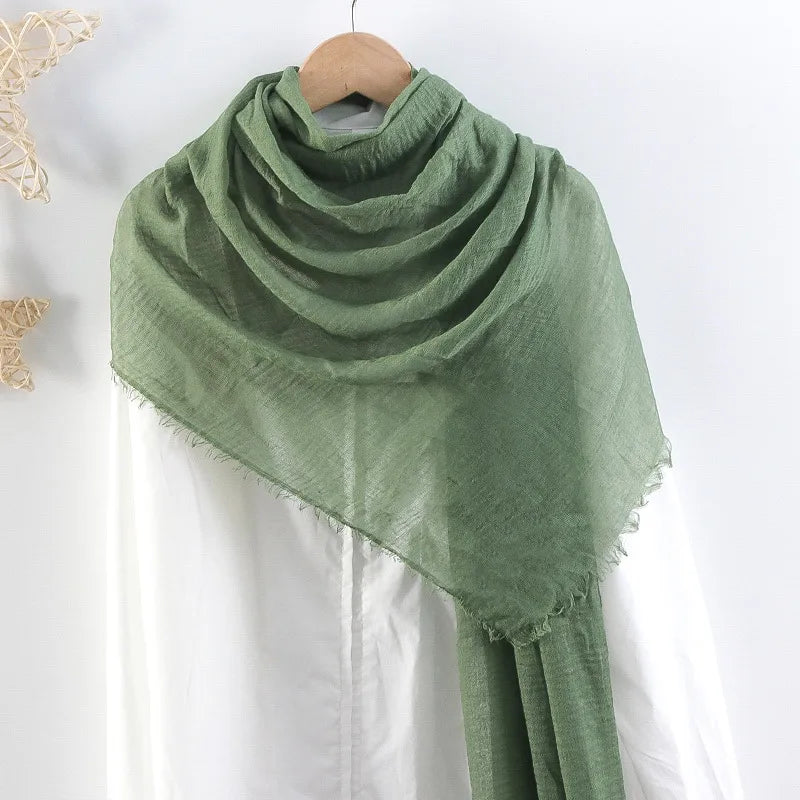 Hot selling solid color pleated cotton and linen scarf  women's bag headscarf crumpled hair fringe bubble scarf women's scarf cover head