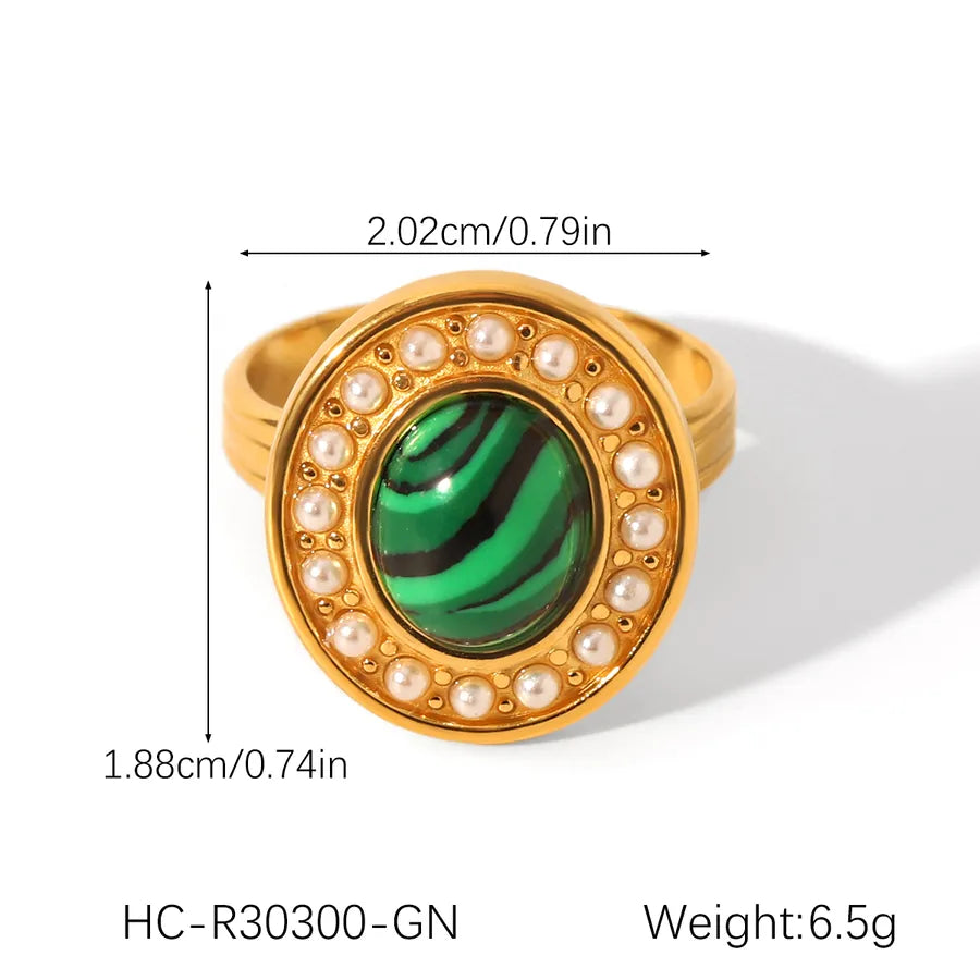 Wholesale Jewelry Casual Retro Irregular Oval Eye 304 Stainless Steel Natural Stone Turquoise 18K Gold Plated Polishing Plating Inlay Open Rings Rings
