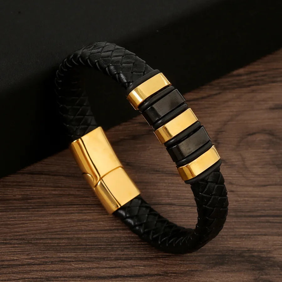 classical vintage style geometric stainless steel pu leather men's bangle