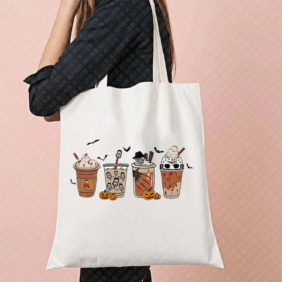 Ghost Pattern Halloween Outdoor Shopping Bag Cute Ghost Design Canvas Tote Bag For Ladies Retro Fashion Printed Large Size