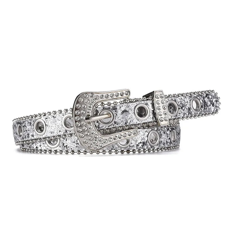 IG Style Shiny Solid Color Pu Leather Alloy Sequins Inlay Rhinestones Women's Leather Belts