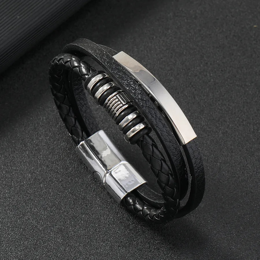 Hip-Hop Retro Geometric 304 Stainless Steel Pu Leather rope Men's Bracelets