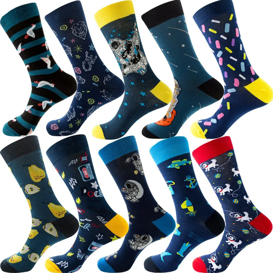 Men's Modern Style Classic Style Color Block Stripe Fruit Cotton Crew Socks A Set of 10 Pairs