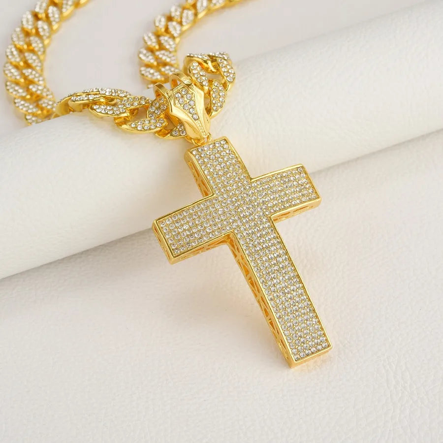 Hip-Hop Punk Cross Rhinestones Zinc alloy Cuban Link Chain Curb Chain Pendant Necklaces Wholesale