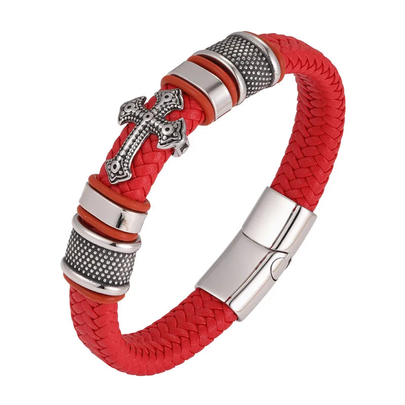 Vintage Style Classic Style Cross Pu Leather Titanium Steel Woven Chain Wrap Bracelets Wholesale